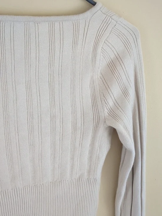 Small Pink Rose Ribbed Oatmeal Long Sleeve Cardigan - Picture 8 of 13